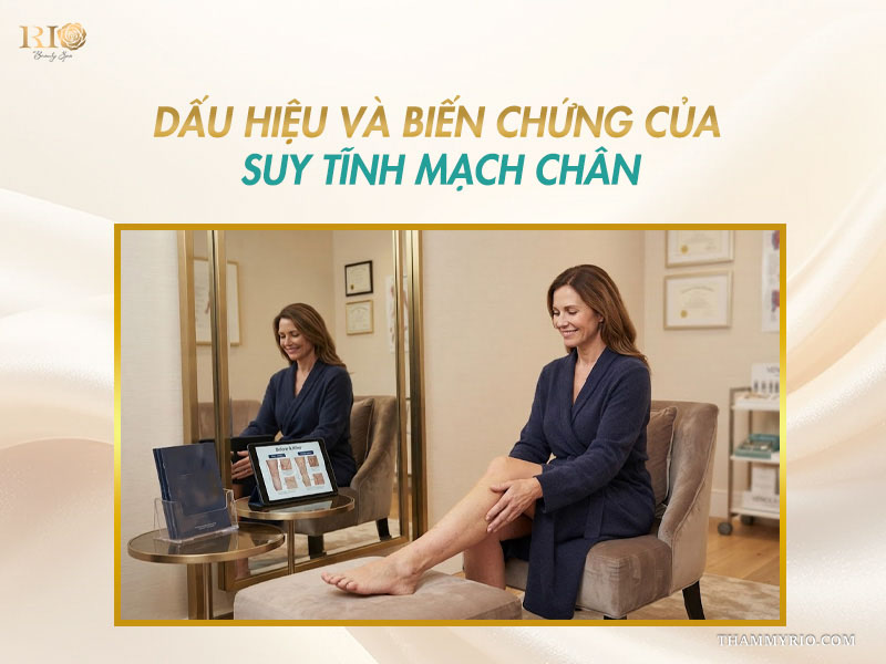 Khách hàng thư giãn kiểm tra đôi chân thon gọn sau phác đồ điều trị suy tĩnh mạch chân