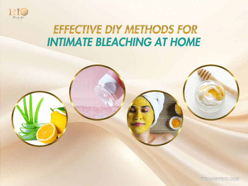 Four circular icons showing aloe vera lemon scrub and yogurt honey for DIY intimate bleaching