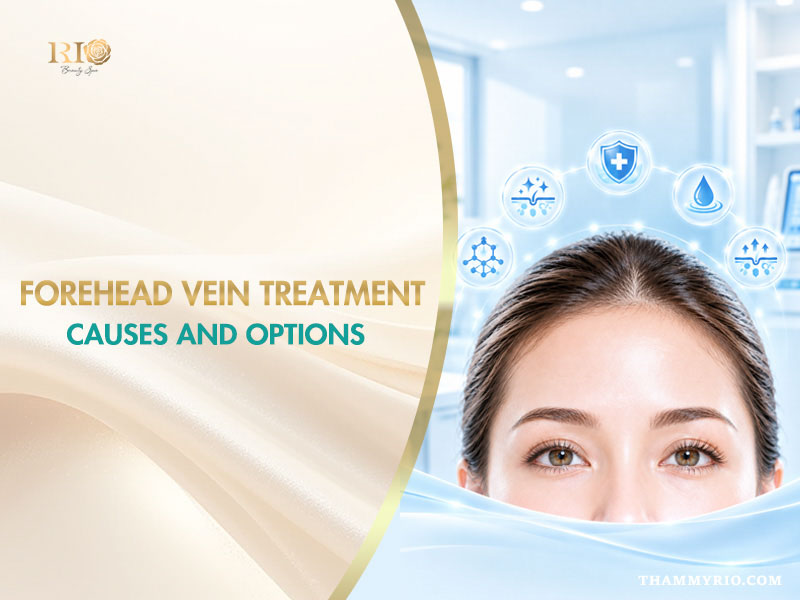 Model face presenting medical icons for forehead vein treatment causes and options