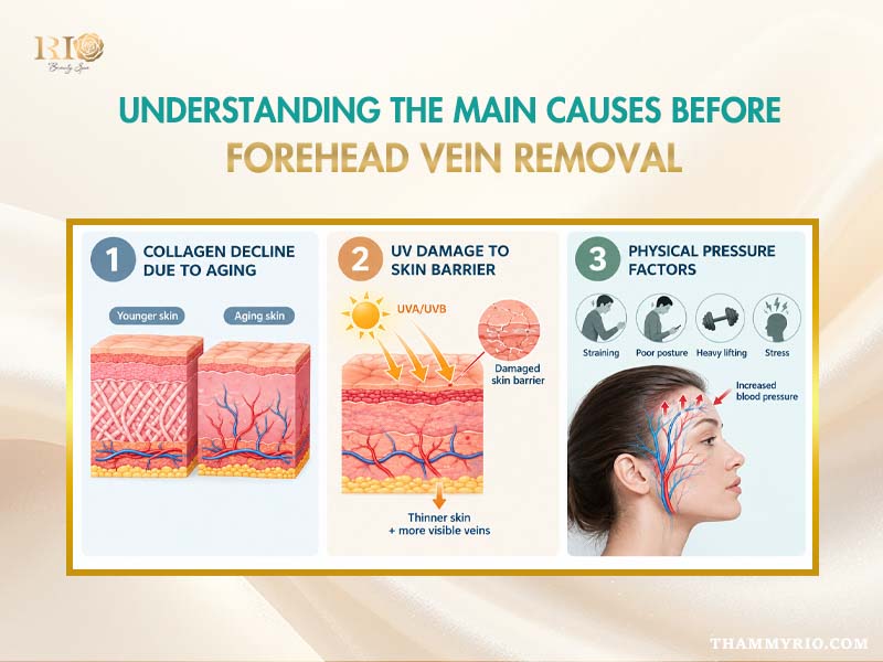 Infographic detailing collagen loss UV damage and physical pressure causes before forehead vein treatment