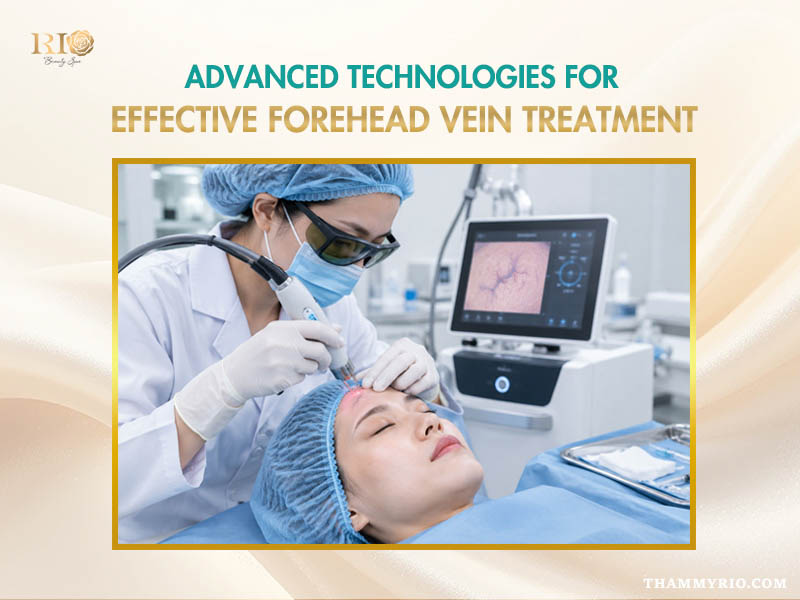 Dermatologist applying advanced laser technology for forehead vein treatment on a patient