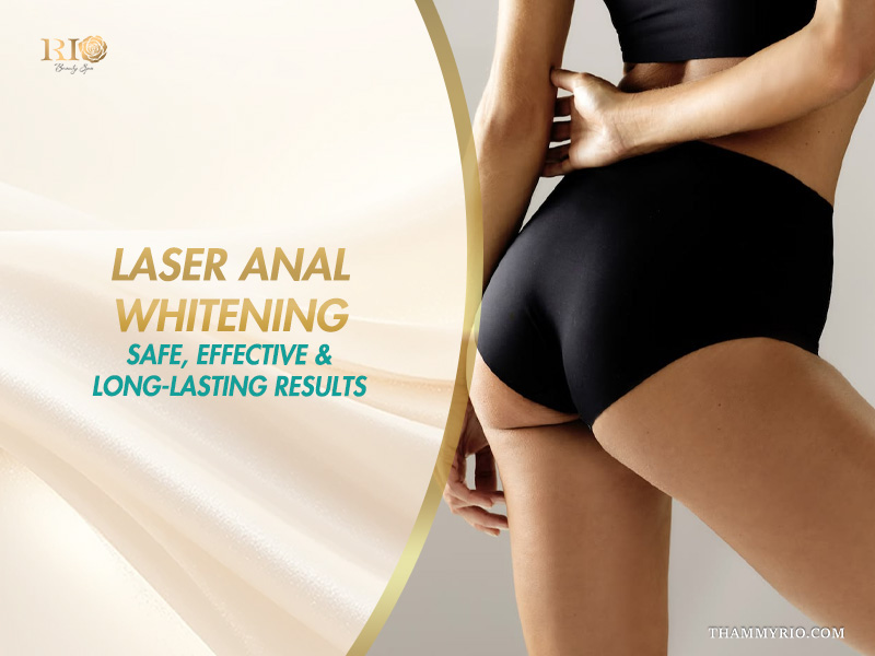 Woman with smooth skin in black briefs on a banner highlighting safe, effective, and long-lasting laser anal whitening