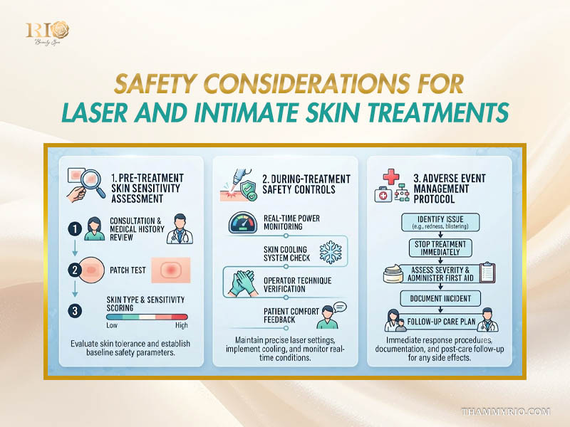 Infographic showing safety protocols and considerations for laser intimate skin bleaching treatments.