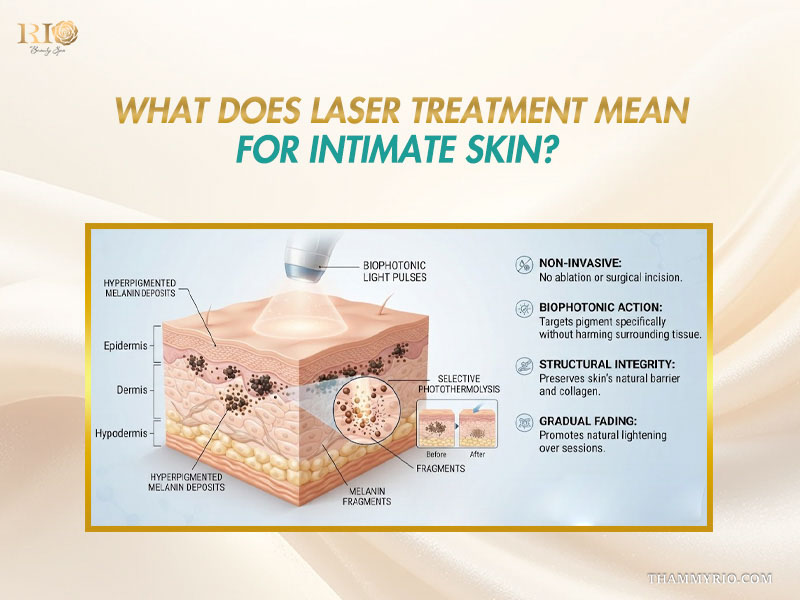 Skin layer diagram showing how selective photothermolysis works in laser intimate skin bleaching.