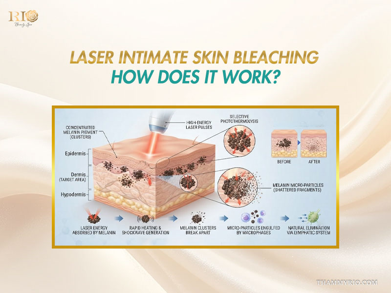 Diagram explaining how laser intimate skin bleaching works to break down melanin clusters.