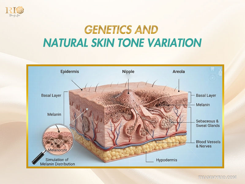 Cross-section anatomical diagram of breast skin and melanin distribution explaining the science of laser nipple lightening