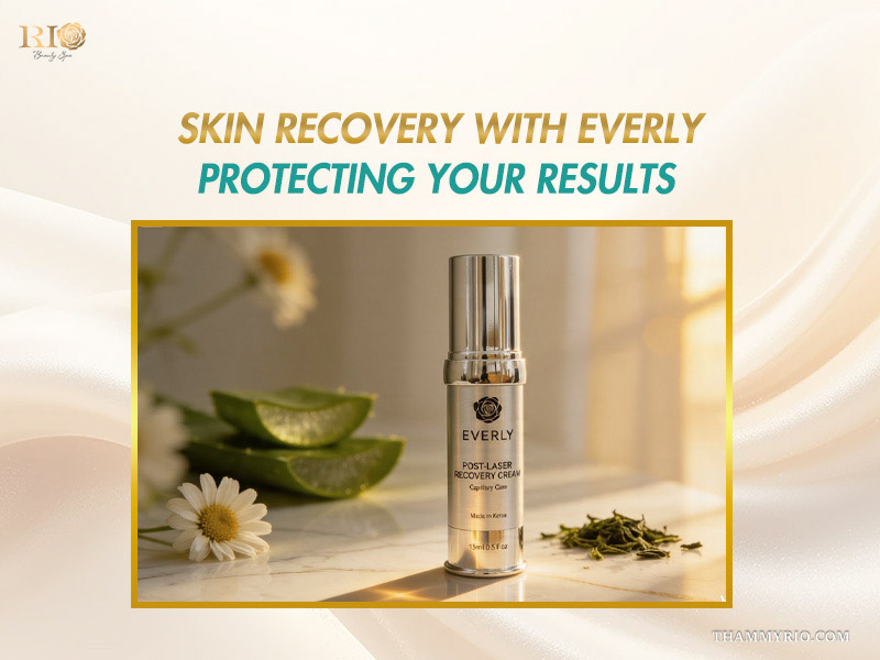 Everly Post-Laser Recovery Cream bottle with natural botanicals for soothing aftercare following periorbital vein treatment
