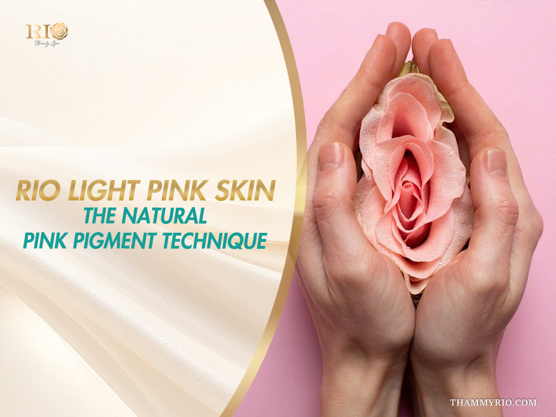 Cupped hands holding a soft pink rose on a banner presenting the Rio Light Pink Skin natural pink pigment technique