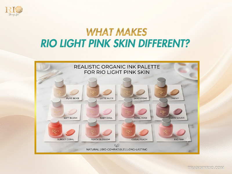Palette of twelve organic bio-compatible pigment bottles designed for customized Rio Light Pink Skin applications