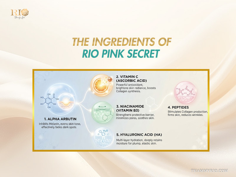 Infographic displaying five key active ingredients in Rio Pink Secret intimate lightening cream