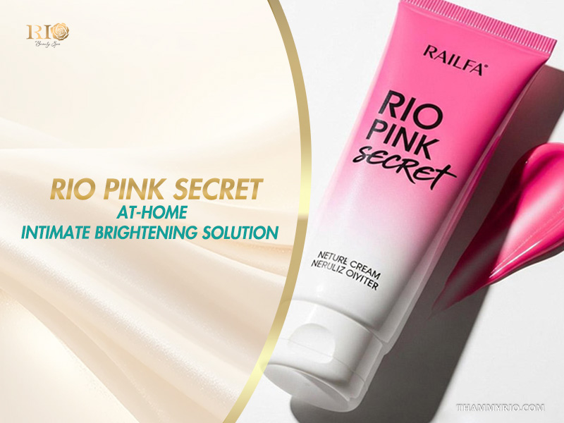 Squeeze tube of Rio Pink Secret cream with pink formula swatch on a banner showcasing at-home intimate brightening