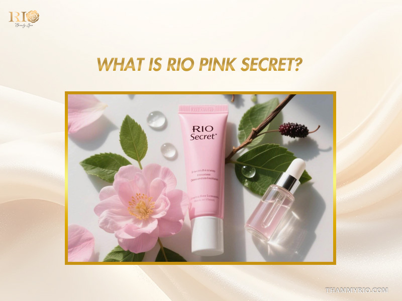 Rio Pink Secret cream tube paired with dropper serum bottle and fresh botanical elements