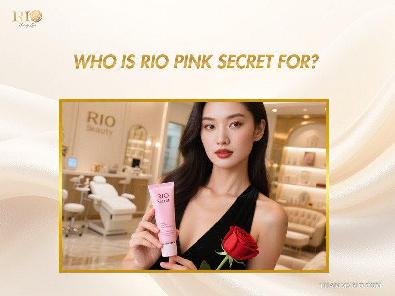 Elegant model holding a tube of Rio Pink Secret cream and a red rose inside Rio Beauty Clinic