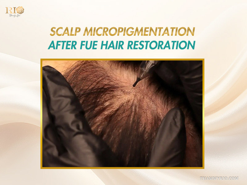 Close detail of scalp micropigmentation after FUE hair restoration.