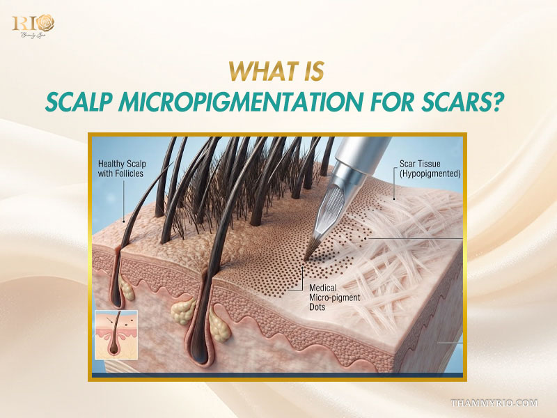 Diagram explaining how scalp micropigmentation for scars deposits micro-pigments into scar tissue.