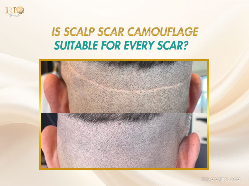 Before and after scalp micropigmentation for scars showing linear surgical scar camouflage.