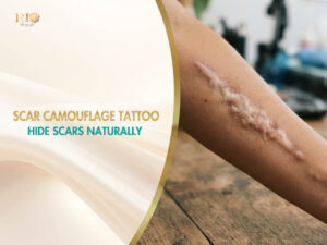 Raised surgical scar on an arm before undergoing scar camouflage tattoo for skin tone restoration