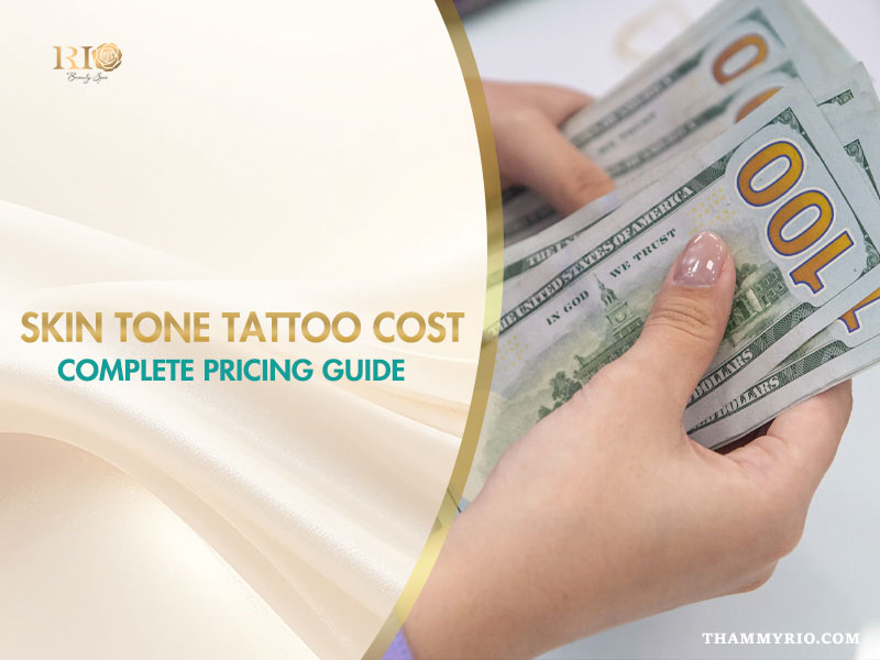 A person counting cash next to a skin tone tattoo cost pricing guide banner for Rio Beauty Spa.