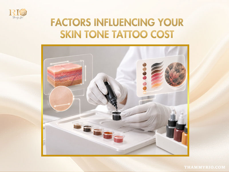 A specialist mixing pigments next to digital graphics showing factors influencing skin tone tattoo cost.
