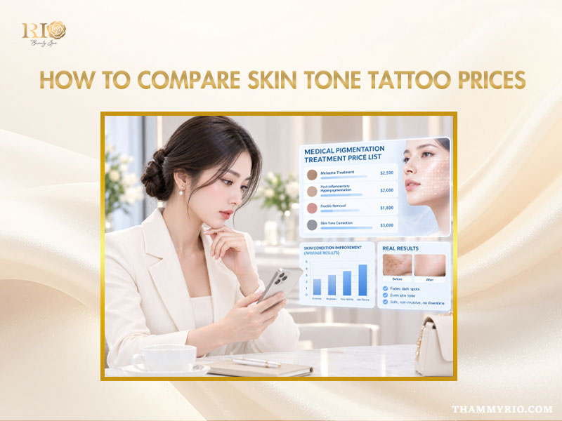 A woman reviewing a digital price list on her smartphone to compare skin tone tattoo prices and treatment results.