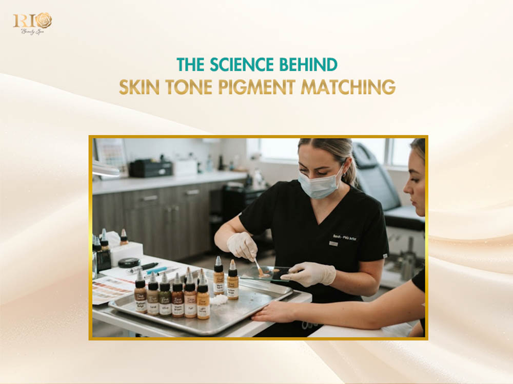 Aesthetic technician custom blending bio-compatible pigments for a natural skin tone tattoo cover up session