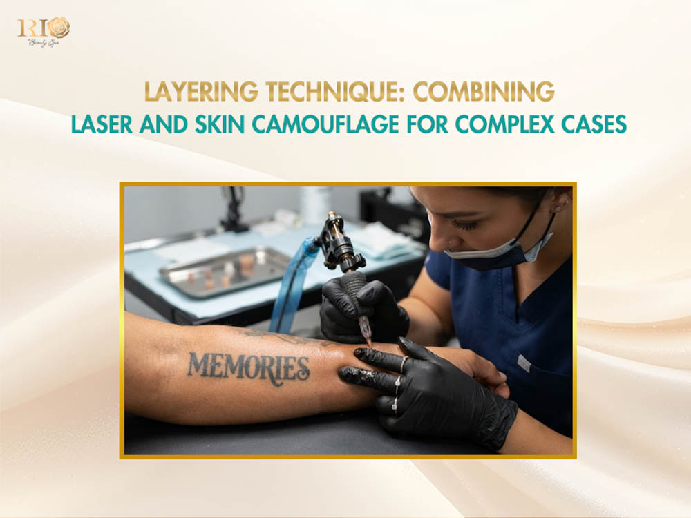 Practitioner applying precision needle passes on an arm lettering tattoo during a skin tone tattoo cover up procedure