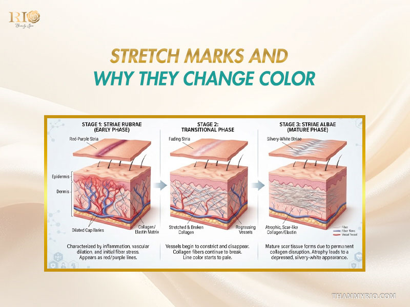 Diagrams showing stretch marks stages and why they change color before camouflage tattoo