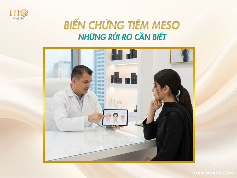 Bác sĩ dùng máy tính bảng tư vấn cho khách hàng về tác hại của tiêm meso.