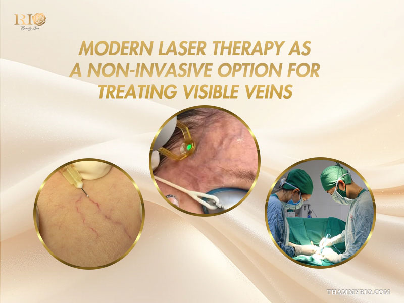 Three circular frames comparing micro-injections, laser photocoagulation, and surgical options for temple vein treatment