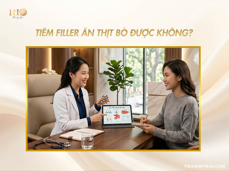 Bác sĩ dùng màn hình máy tính bảng phân tích cấu trúc đạm để tư vấn tiêm filler ăn thịt bò được không.