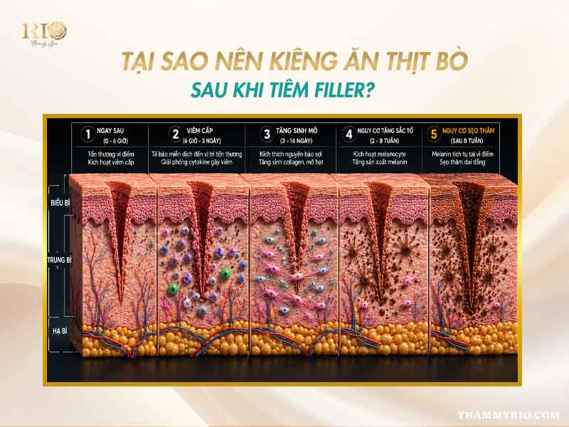Sơ đồ 5 giai đoạn tổn thương da giải thích lý do kiêng cữ khi hỏi tiêm filler ăn thịt bò được không.
