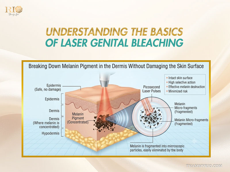 Diagram of picosecond laser breaking down melanin pigment in dermis during vaginal whitening laser care.