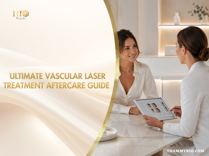 Consultation on vascular laser treatment aftercare guide with a aesthetic clinician reviewing skin analysis
