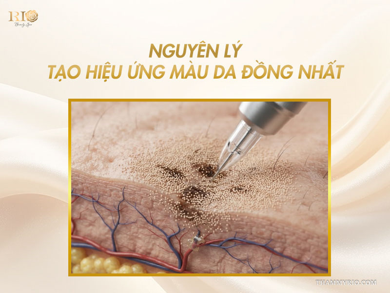 Mô phỏng kim vi điểm đưa hạt sắc tố vào tầng biểu bì trong liệu trình xăm màu da khử thâm nách