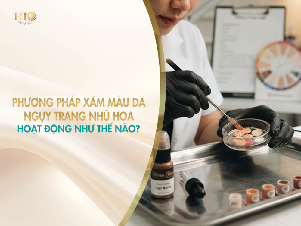 Chuyên viên thẩm mỹ thử nghiệm pha trộn hạt sắc tố sinh học khi làm xăm màu da nhũ hoa