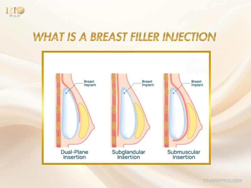 Anatomical diagram explaining the structure of a breast filler procedure.