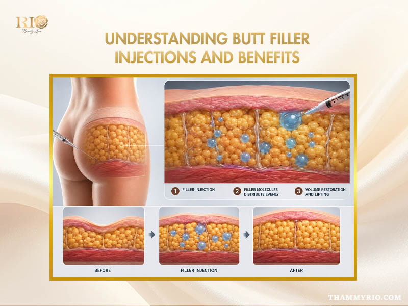 Anatomical diagram explaining butt filler injection process.
