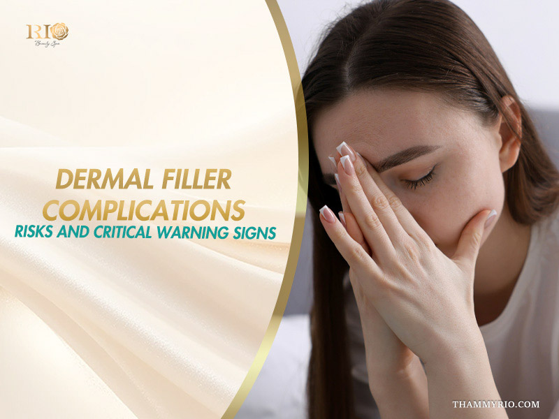 Woman holding head in distress showing concerns about dermal filler complications.