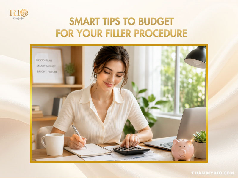 Woman calculating expenses and planning smart budget for her dermal filler cost procedure.