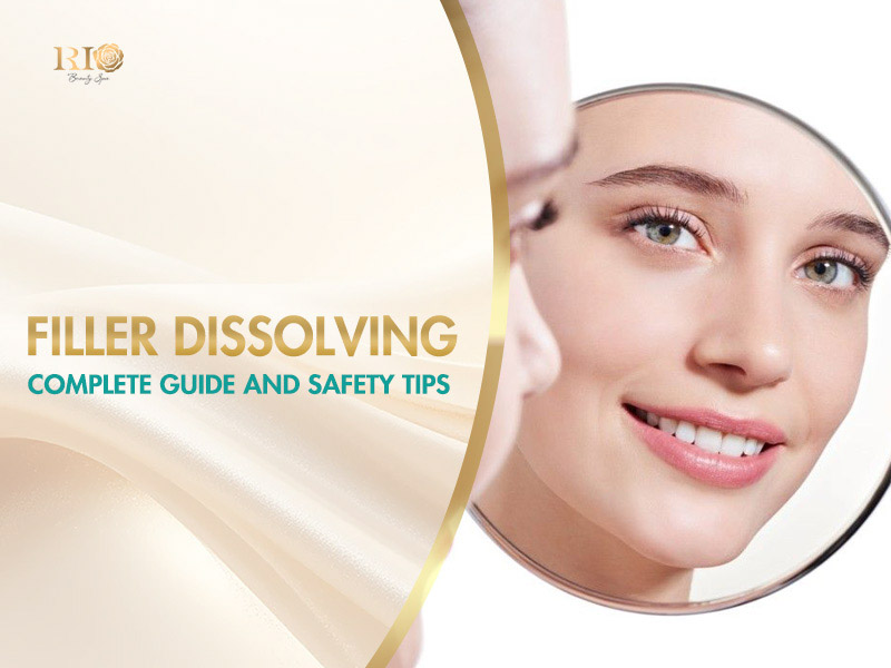Smiling woman looking in mirror during filler dissolving consultation.