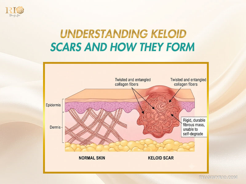 Keloid scar treatment mechanism showing normal skin versus keloid scar formation